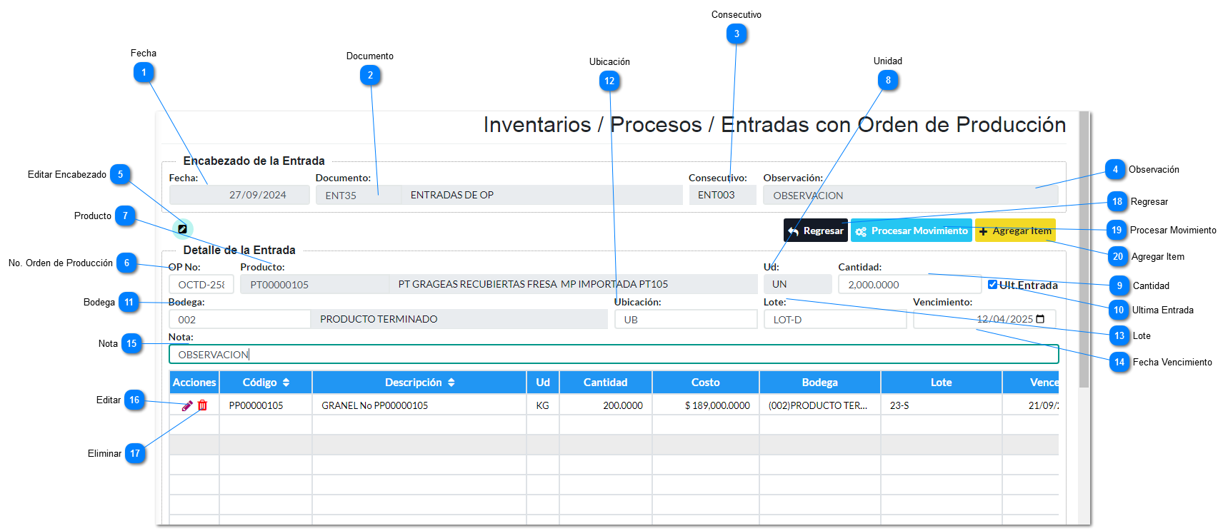 Crear Entradas con Ordenes de Producción