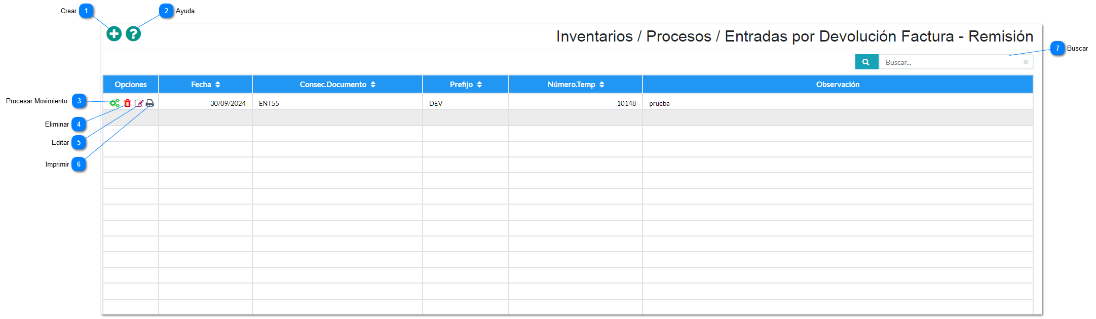 Entradas por Devolución Factura - Remisión